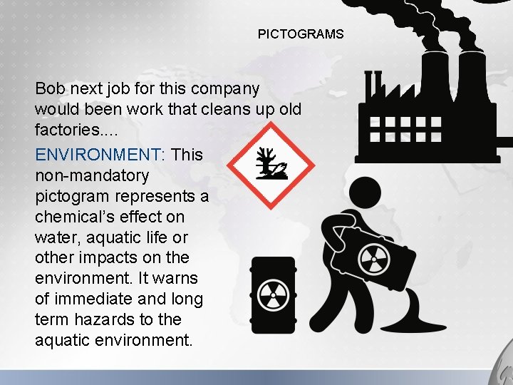 PICTOGRAMS Bob next job for this company would been work that cleans up old
