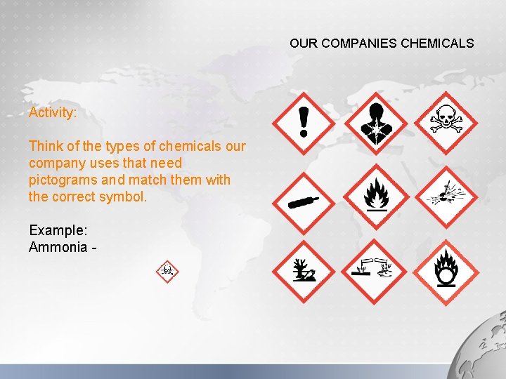 OUR COMPANIES CHEMICALS Activity: Think of the types of chemicals our company uses that