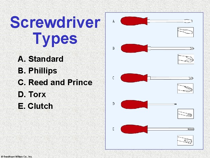 Screwdriver Types A. Standard B. Phillips C. Reed and Prince D. Torx E. Clutch