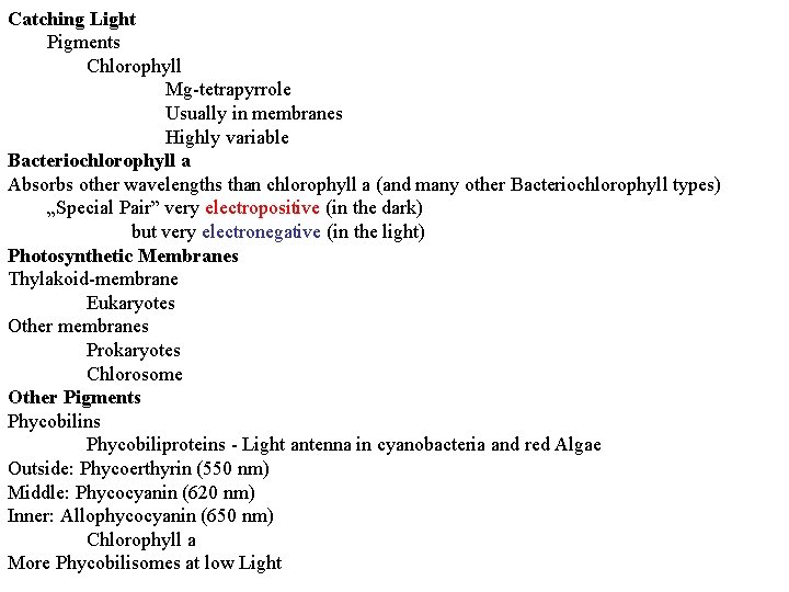 Catching Light Pigments Chlorophyll Mg-tetrapyrrole Usually in membranes Highly variable Bacteriochlorophyll a Absorbs other