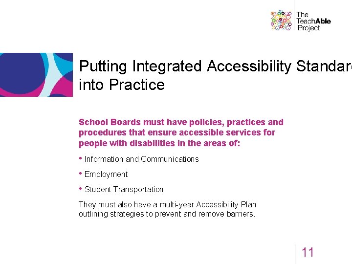 Putting Integrated Accessibility Standard into Practice School Boards must have policies, practices and procedures