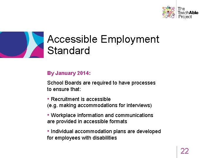Accessible Employment Standard By January 2014: School Boards are required to have processes to