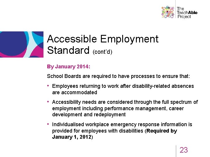 Accessible Employment Standard (cont’d) By January 2014: School Boards are required to have processes