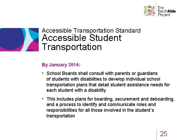 Accessible Transportation Standard Accessible Student Transportation By January 2014: • School Boards shall consult