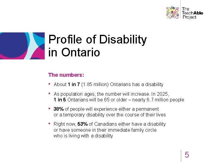 Profile of Disability in Ontario The numbers: • About 1 in 7 (1. 85