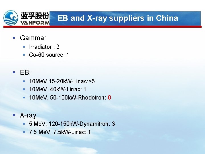 EB and X-ray suppliers in China § Gamma: § Irradiator : 3 § Co-60