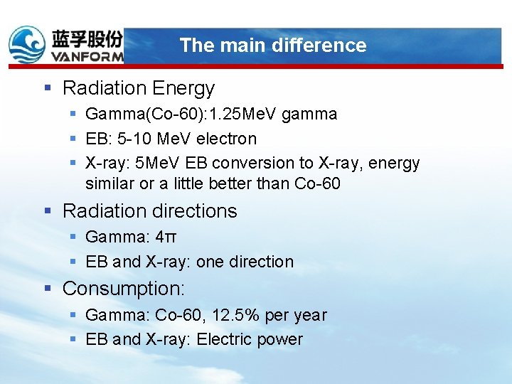 The main difference § Radiation Energy § Gamma(Co-60): 1. 25 Me. V gamma §