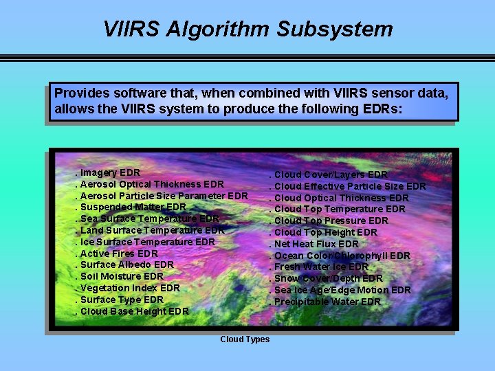 VIIRS Algorithm Subsystem Provides software that, when combined with VIIRS sensor data, allows the