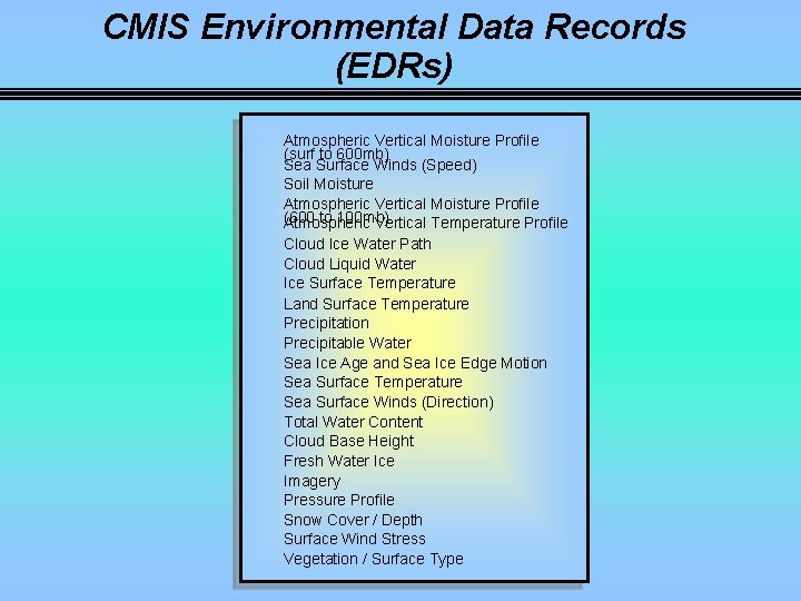 CMIS Environmental Data Records (EDRs) Atmospheric Vertical Moisture Profile (surf to 600 mb) Sea