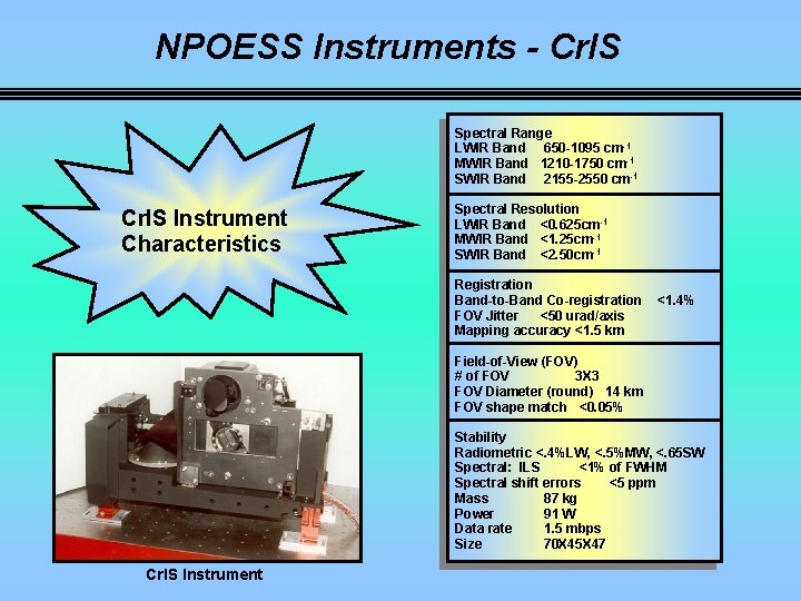 NPOESS Instruments - Cr. IS Spectral Range LWIR Band 650 -1095 cm-1 MWIR Band