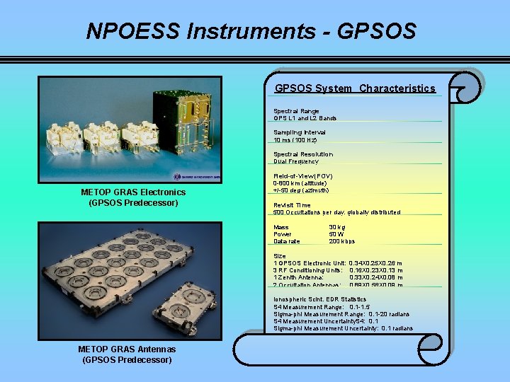 NPOESS Instruments - GPSOS System Characteristics Spectral Range GPS L 1 and L 2
