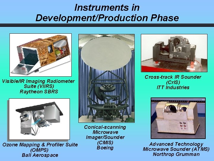 Instruments in Development/Production Phase Cross-track IR Sounder (Cr. IS) ITT Industries Visible/IR Imaging Radiometer