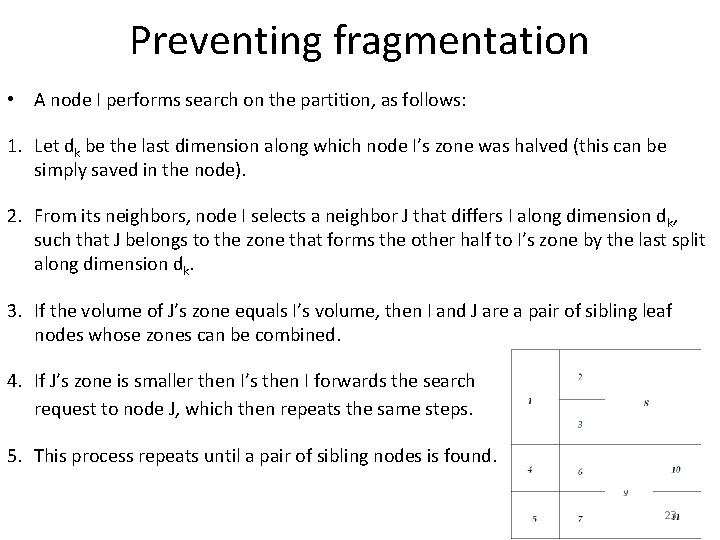 Preventing fragmentation • A node I performs search on the partition, as follows: 1.