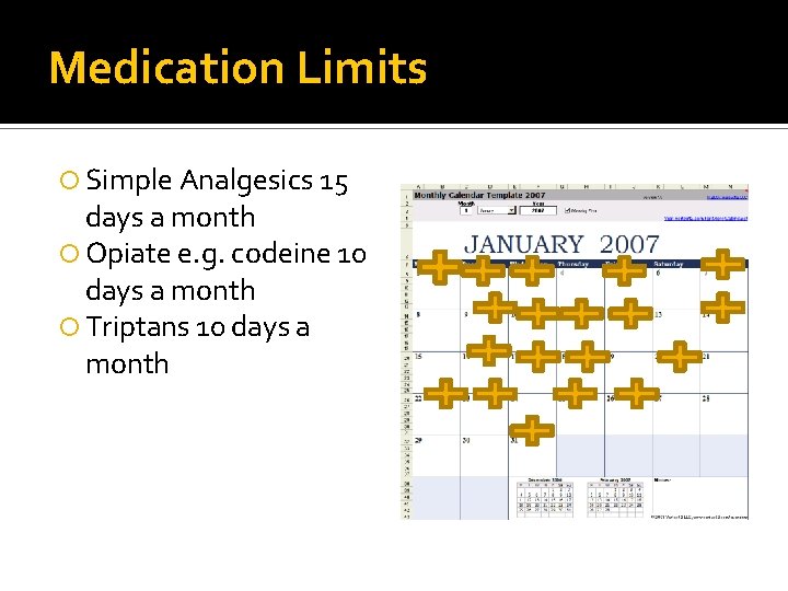 Medication Limits Simple Analgesics 15 days a month Opiate e. g. codeine 10 days