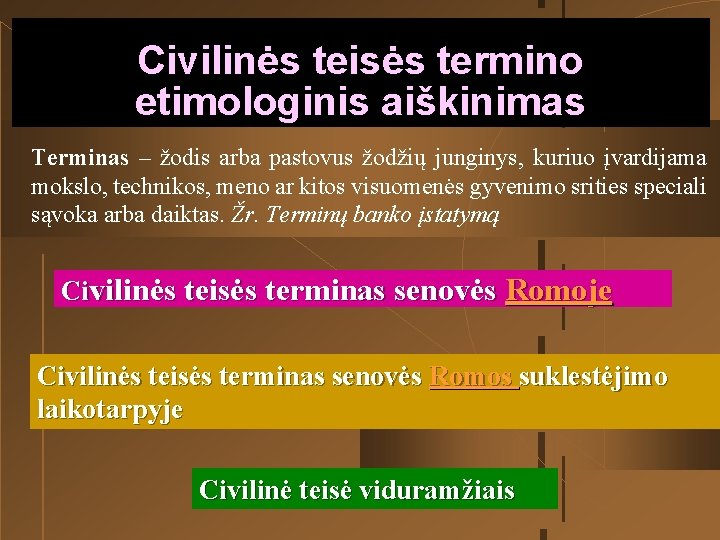 Civilinės teisės termino etimologinis aiškinimas Terminas – žodis arba pastovus žodžių junginys, kuriuo įvardijama