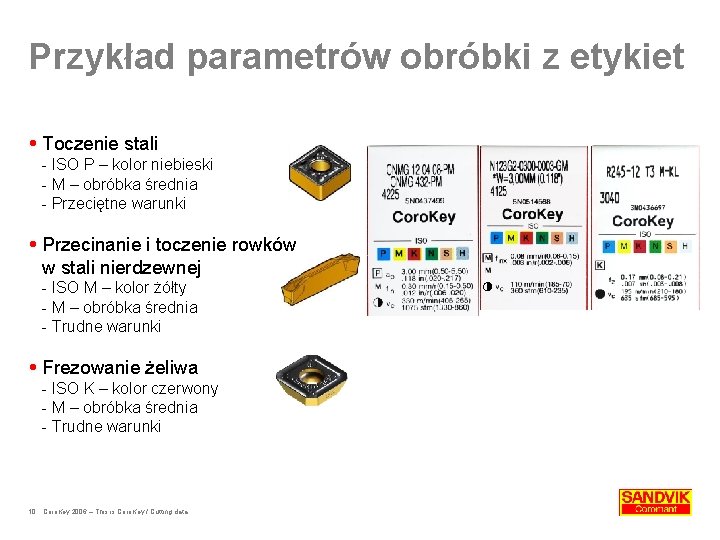 Przykład parametrów obróbki z etykiet Toczenie stali - ISO P – kolor niebieski -