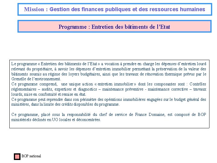 Mission : Gestion des finances publiques et des ressources humaines Programme : Entretien des