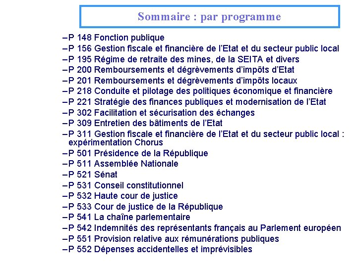 Sommaire : par programme – P 148 Fonction publique – P 156 Gestion fiscale