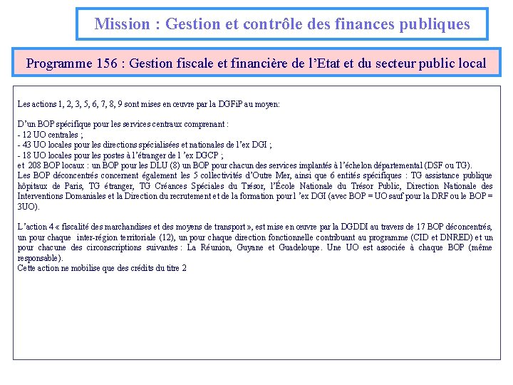 Mission : Gestion et contrôle des finances publiques Programme 156 : Gestion fiscale et
