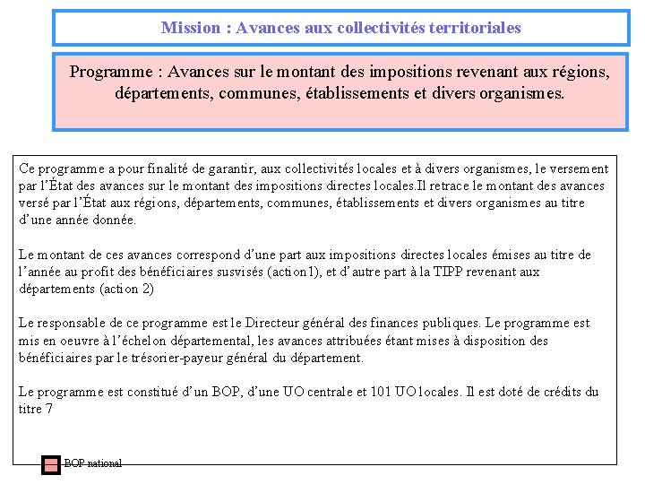 Mission : Avances aux collectivités territoriales Programme : Avances sur le montant des impositions