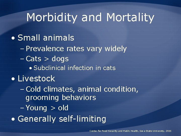 Morbidity and Mortality • Small animals – Prevalence rates vary widely – Cats >