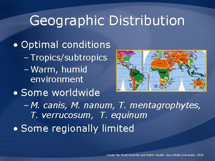 Geographic Distribution • Optimal conditions – Tropics/subtropics – Warm, humid environment • Some worldwide