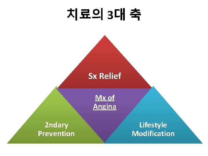 치료의 3대 축 Sx Relief Mx of Angina 2 ndary Prevention Lifestyle Modification 