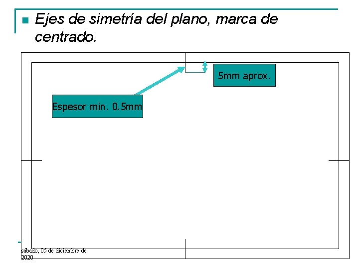 n Ejes de simetría del plano, marca de centrado. 5 mm aprox. Espesor min.
