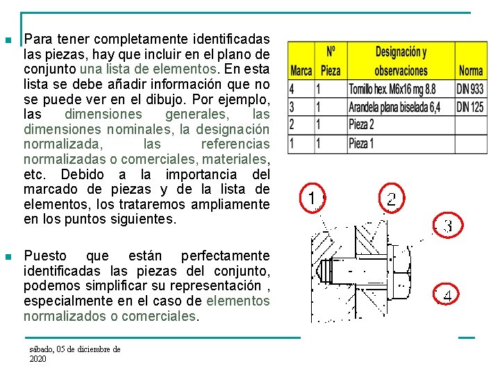 n Para tener completamente identificadas las piezas, hay que incluir en el plano de