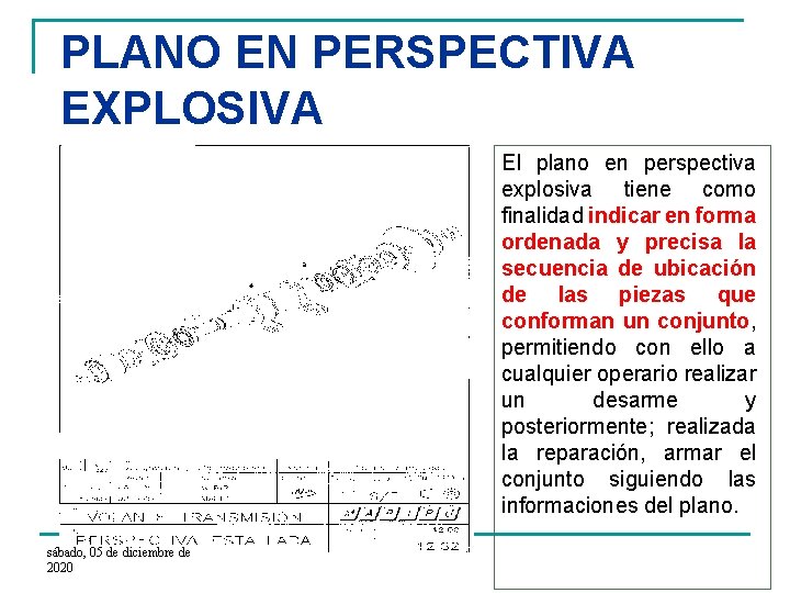 PLANO EN PERSPECTIVA EXPLOSIVA El plano en perspectiva explosiva tiene como finalidad indicar en