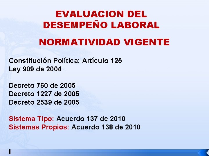 EVALUACION DEL DESEMPEÑO LABORAL NORMATIVIDAD VIGENTE Constitución Política: Artículo 125 Ley 909 de 2004