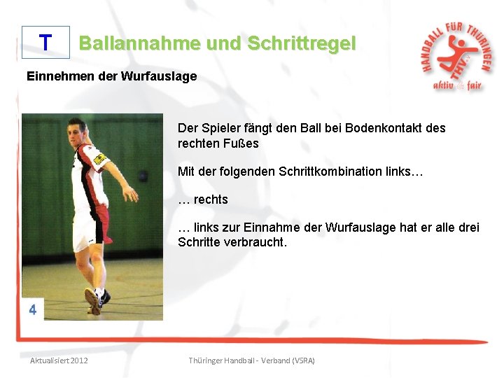 T Ballannahme und Schrittregel Einnehmen der Wurfauslage Der Spieler fängt den Ball bei Bodenkontakt