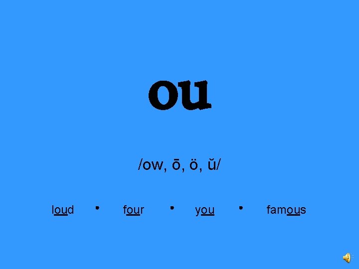 ou /ow, ō, ö, ŭ/ loud four you famous 