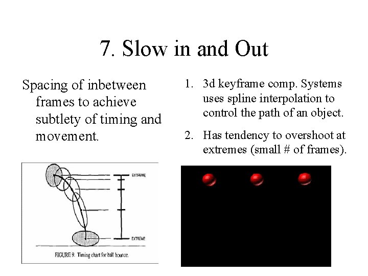 7. Slow in and Out Spacing of inbetween frames to achieve subtlety of timing 7. Slow in and Out Spacing of inbetween frames to achieve subtlety of timing
