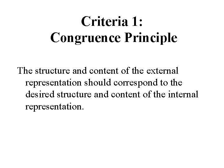 Criteria 1: Congruence Principle The structure and content of the external representation should correspond Criteria 1: Congruence Principle The structure and content of the external representation should correspond