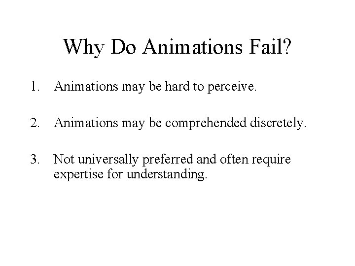 Why Do Animations Fail? 1. Animations may be hard to perceive. 2. Animations may Why Do Animations Fail? 1. Animations may be hard to perceive. 2. Animations may