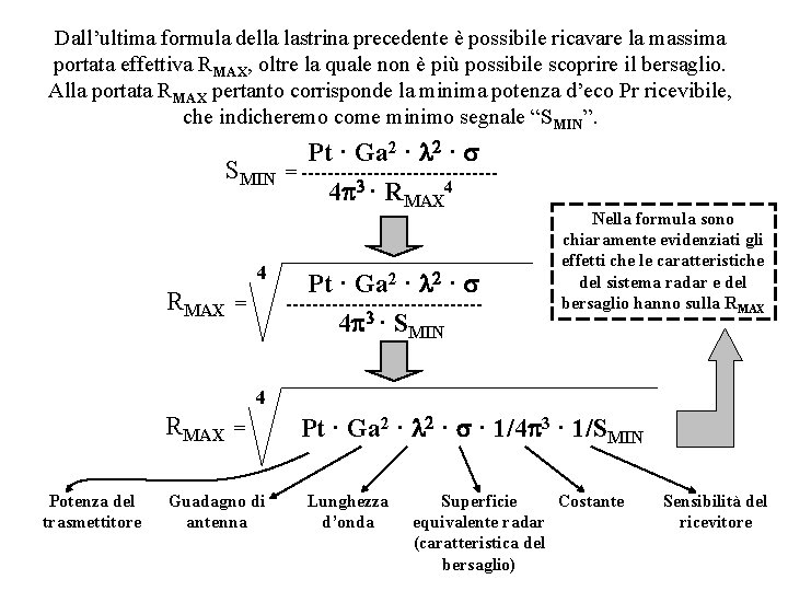 Dall’ultima formula della lastrina precedente è possibile ricavare la massima portata effettiva RMAX, oltre