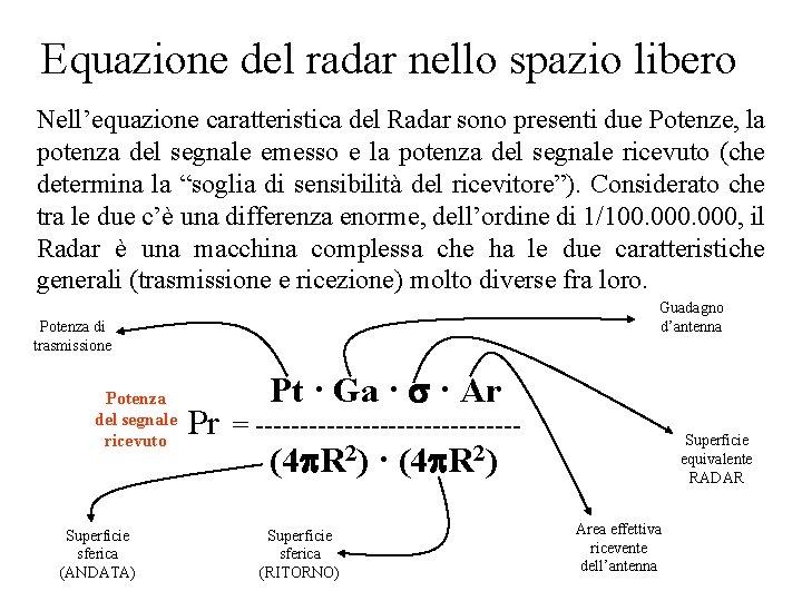 Equazione del radar nello spazio libero Nell’equazione caratteristica del Radar sono presenti due Potenze,