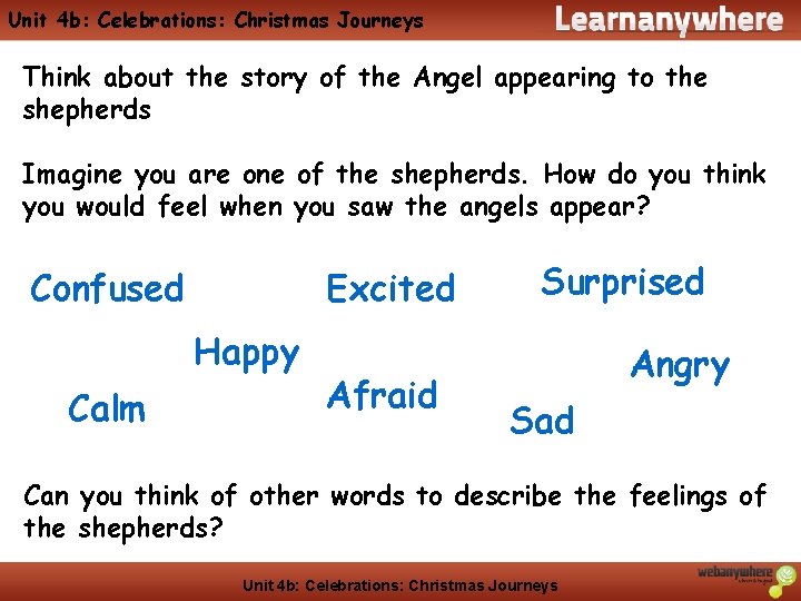 Unit 4 b: Celebrations: Christmas Journeys Think about the story of the Angel appearing
