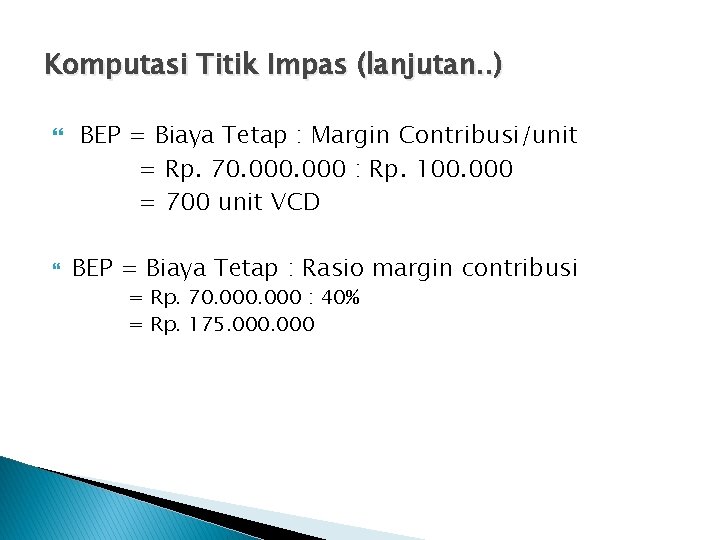 Komputasi Titik Impas (lanjutan. . ) BEP = Biaya Tetap : Margin Contribusi/unit =