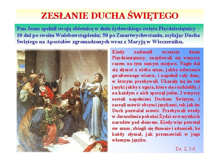 ZESŁANIE DUCHA ŚWIĘTEGO Pan Jezus spełnił swoją obietnicę w dniu żydowskiego święta Pięćdziesiątnicy –