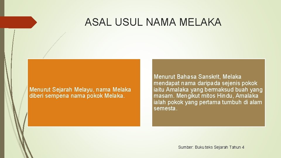 ASAL USUL NAMA MELAKA Menurut Sejarah Melayu, nama Melaka diberi sempena nama pokok Melaka.