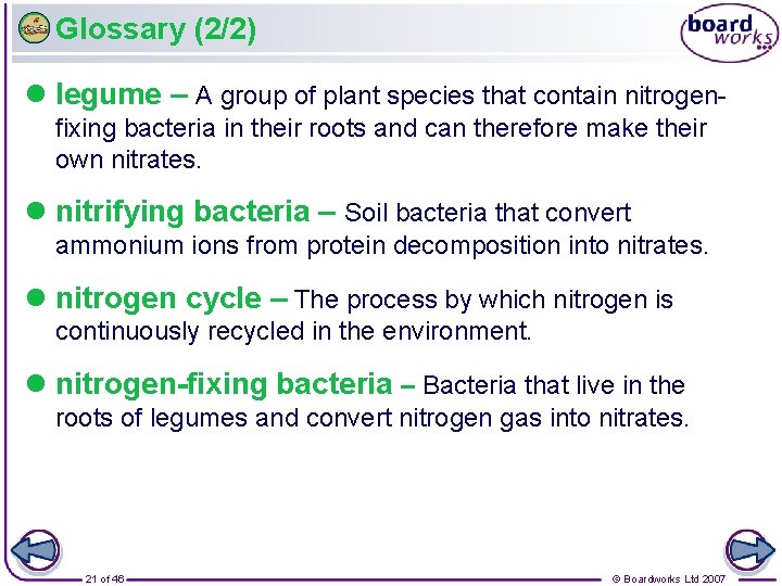 Glossary (2/2) legume – A group of plant species that contain nitrogenfixing bacteria in