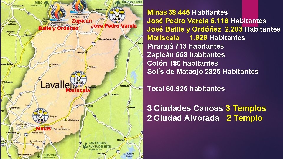 Zapican Jose Pedro Varela Balle y Ordoñez Mariscala Minas 38. 446 Habitantes José Pedro