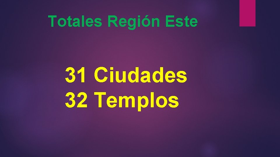Totales Región Este 31 Ciudades 32 Templos 