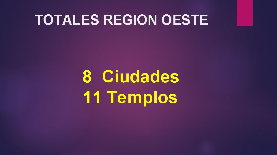TOTALES REGION OESTE 8 Ciudades 11 Templos 