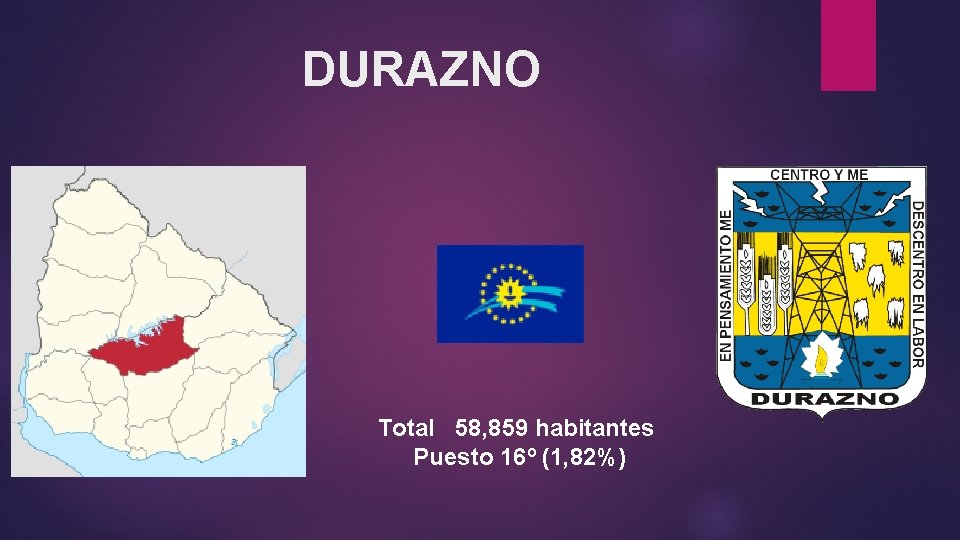 DURAZNO Total 58, 859 habitantes Puesto 16º (1, 82%) 