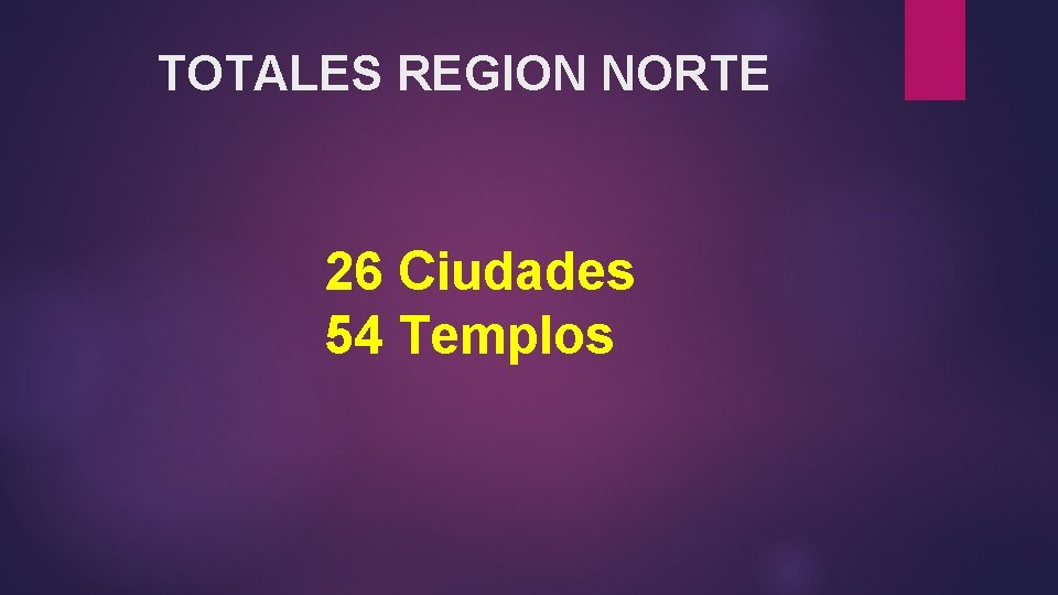 TOTALES REGION NORTE 26 Ciudades 54 Templos 