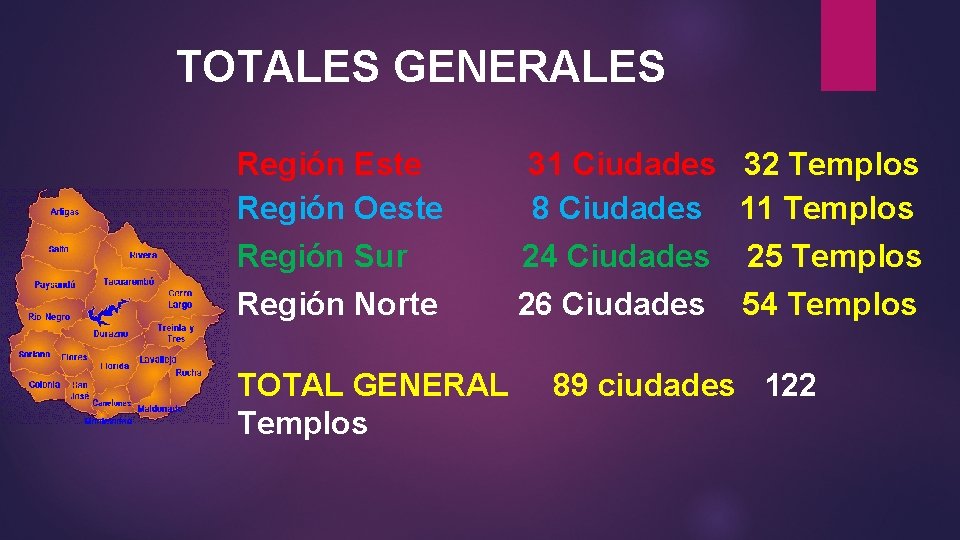 TOTALES GENERALES Región Este Región Oeste 31 Ciudades 32 Templos 8 Ciudades 11 Templos