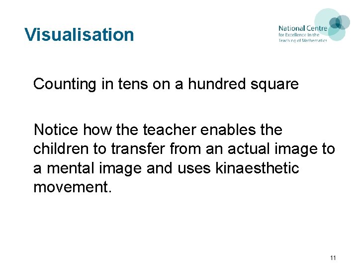 Visualisation Counting in tens on a hundred square Notice how the teacher enables the